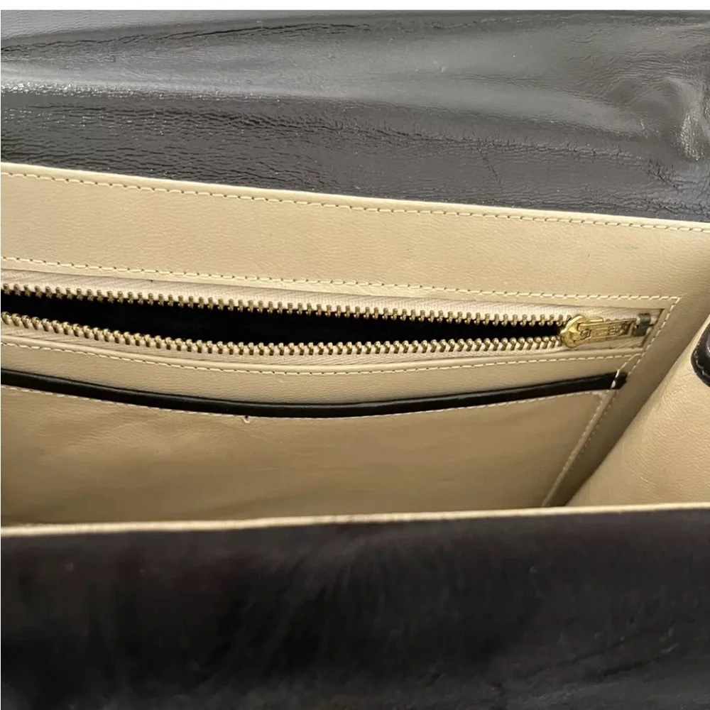 Black Purse Double Flap Evening Bag Leather Pony Satin Gold Vintage 50s 60s